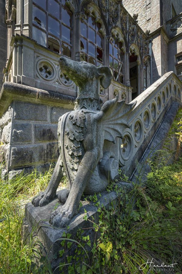 Photographie d'une gargouille de lévrier au pied d'un château